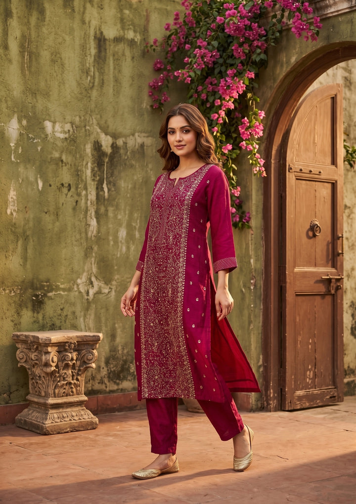 Maroon Soft Raw Silk Threadwork Straight Kurta With Pant Regular And Dupatta