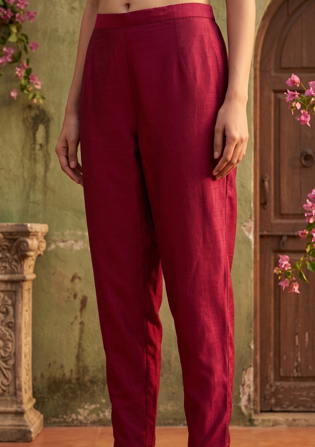 Maroon Soft Raw Silk Threadwork Straight Kurta With Pant Regular And Dupatta