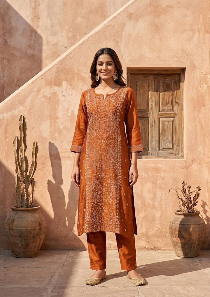 Rust Soft Raw Silk Threadwork Straight Kurta With Pant Regular And Dupatta