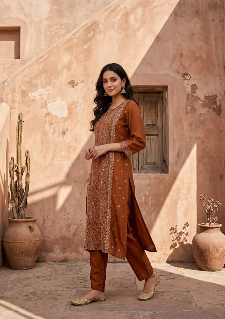 Rust Soft Raw Silk Threadwork Straight Kurta With Pant Regular And Dupatta
