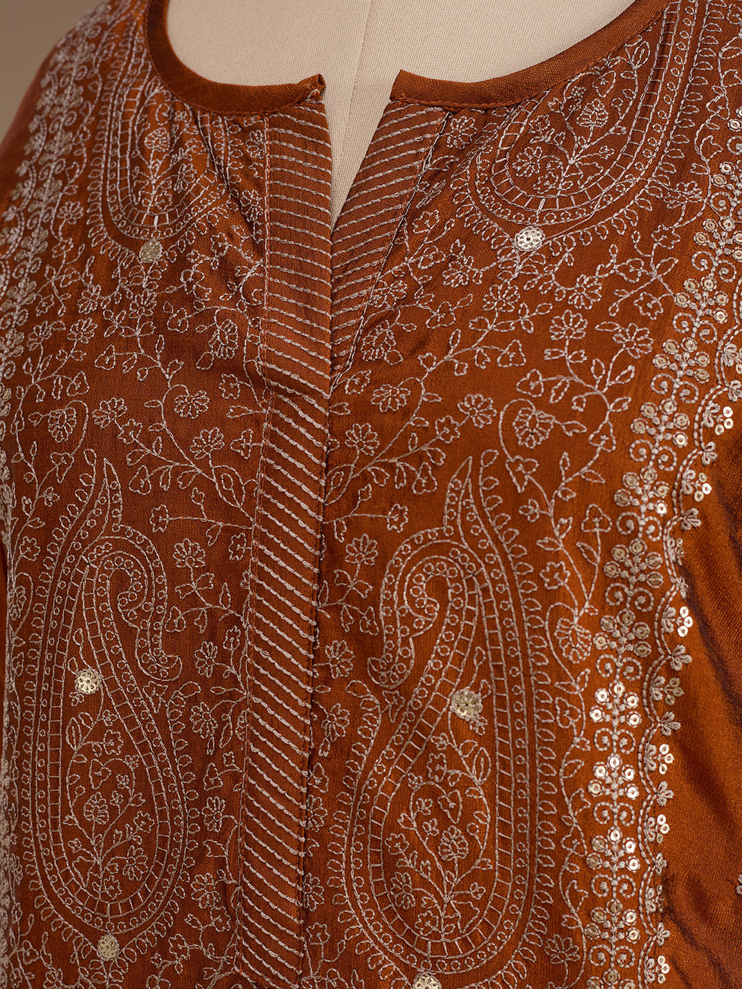 Rust Soft Raw Silk Threadwork Straight Kurta With Pant Regular And Dupatta