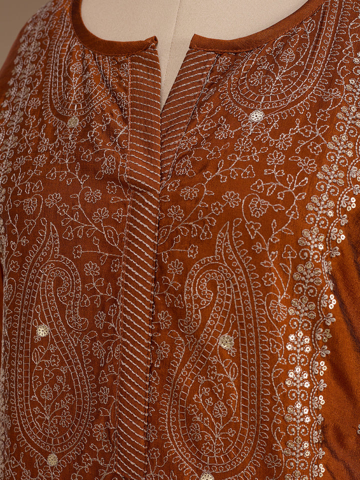 Rust Soft Raw Silk Threadwork Straight Kurta With Pant Regular And Dupatta
