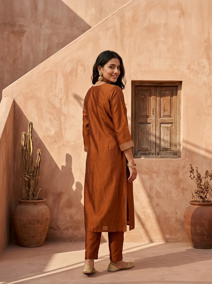 Rust Soft Raw Silk Threadwork Straight Kurta With Pant Regular And Dupatta