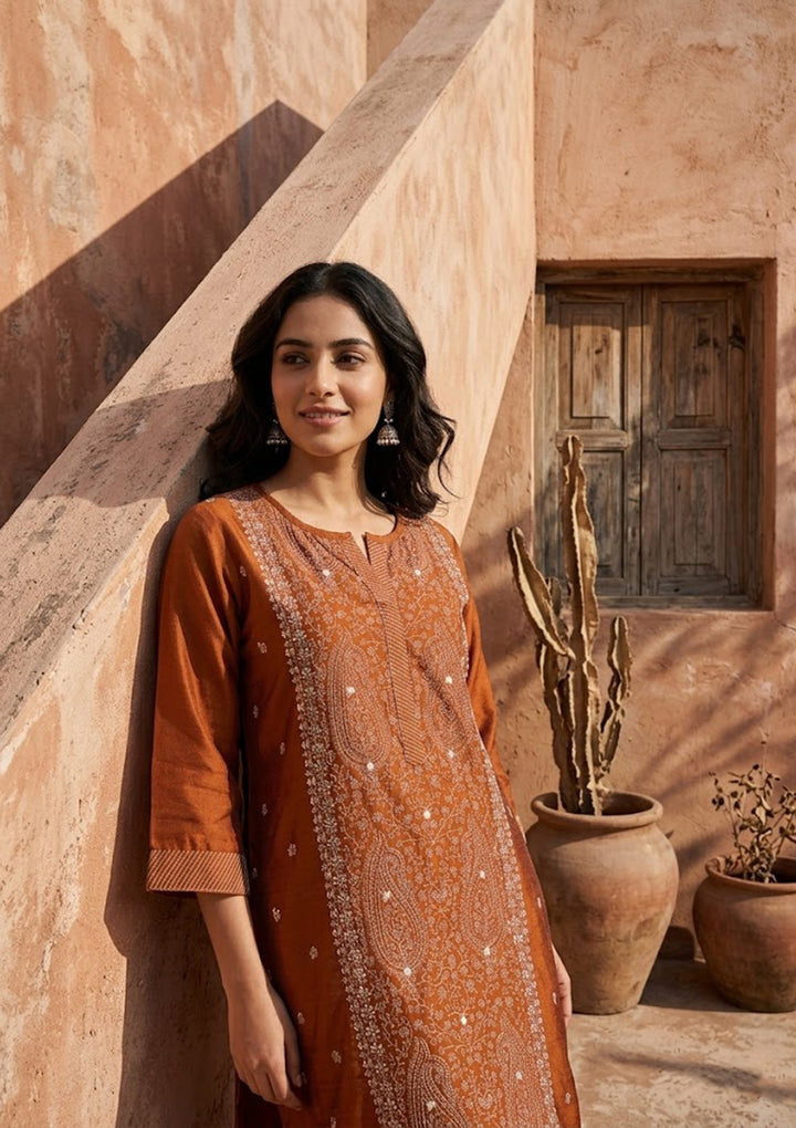 Rust Soft Raw Silk Threadwork Straight Kurta With Pant Regular And Dupatta