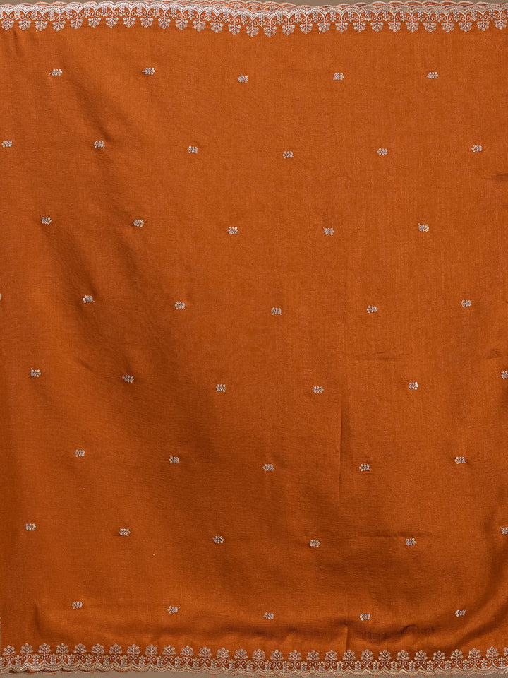 Rust Soft Raw Silk Threadwork Straight Kurta With Pant Regular And Dupatta