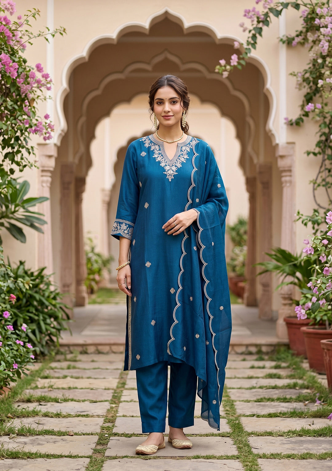 Blue Soft Raw Silk Threadwork Straight Kurta With Pant Regular And Dupatta