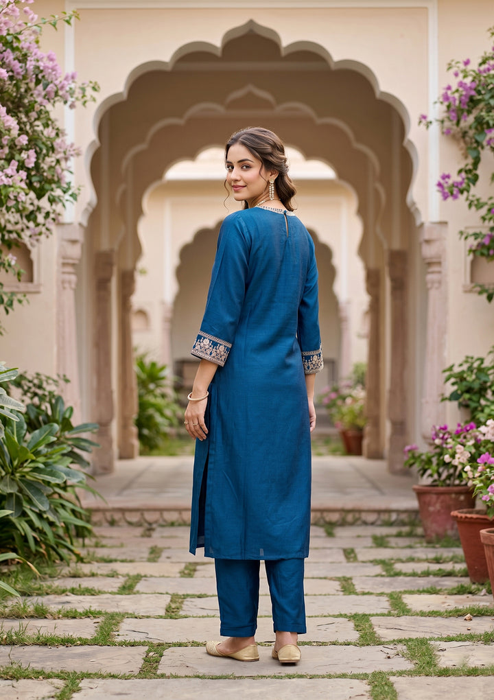 Blue Soft Raw Silk Threadwork Straight Kurta With Pant Regular And Dupatta