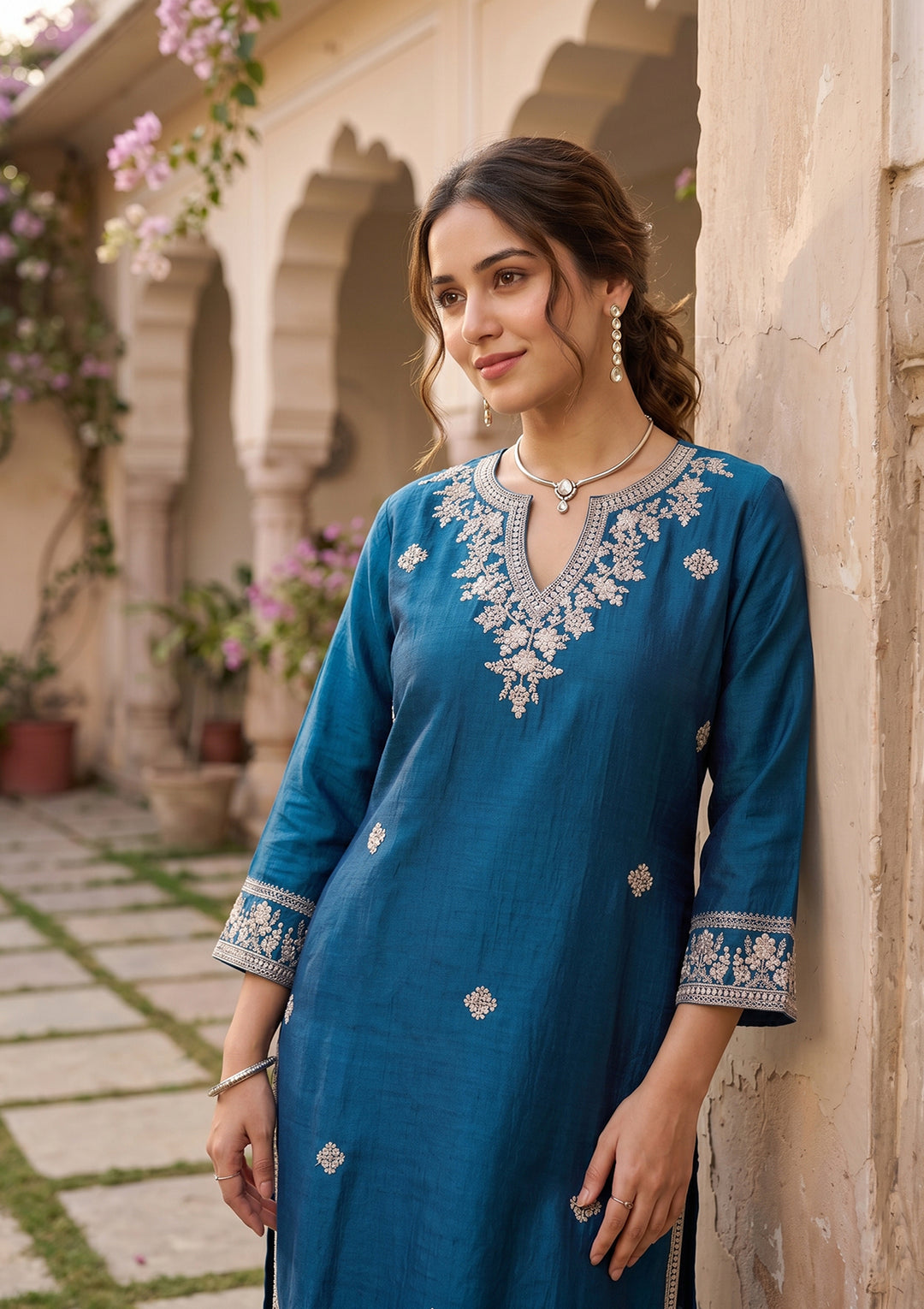 Blue Soft Raw Silk Threadwork Straight Kurta With Pant Regular And Dupatta