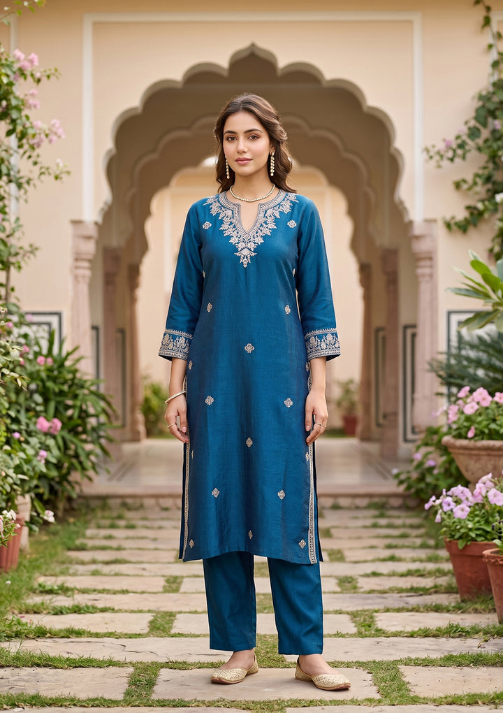 Blue Soft Raw Silk Threadwork Straight Kurta With Pant Regular And Dupatta