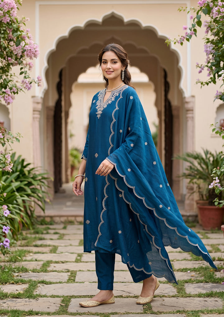 Blue Soft Raw Silk Threadwork Straight Kurta With Pant Regular And Dupatta