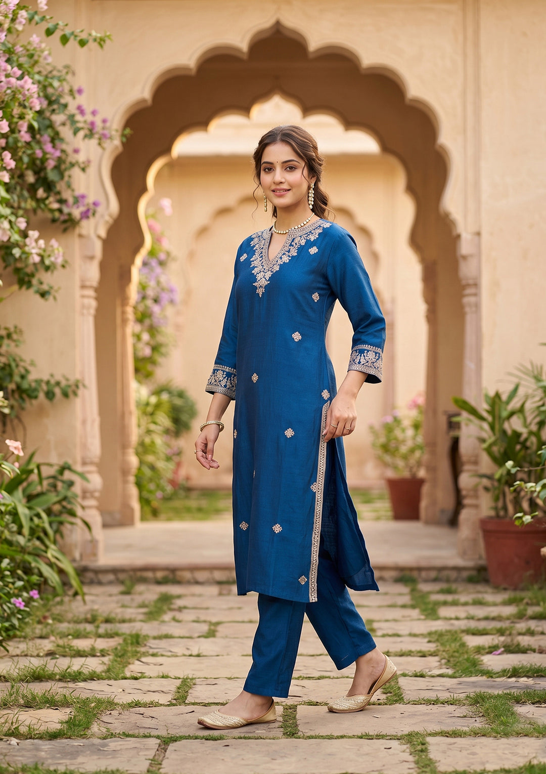Blue Soft Raw Silk Threadwork Straight Kurta With Pant Regular And Dupatta