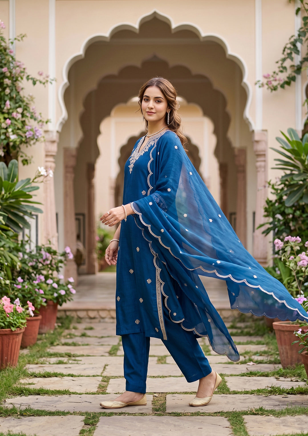 Blue Soft Raw Silk Threadwork Straight Kurta With Pant Regular And Dupatta