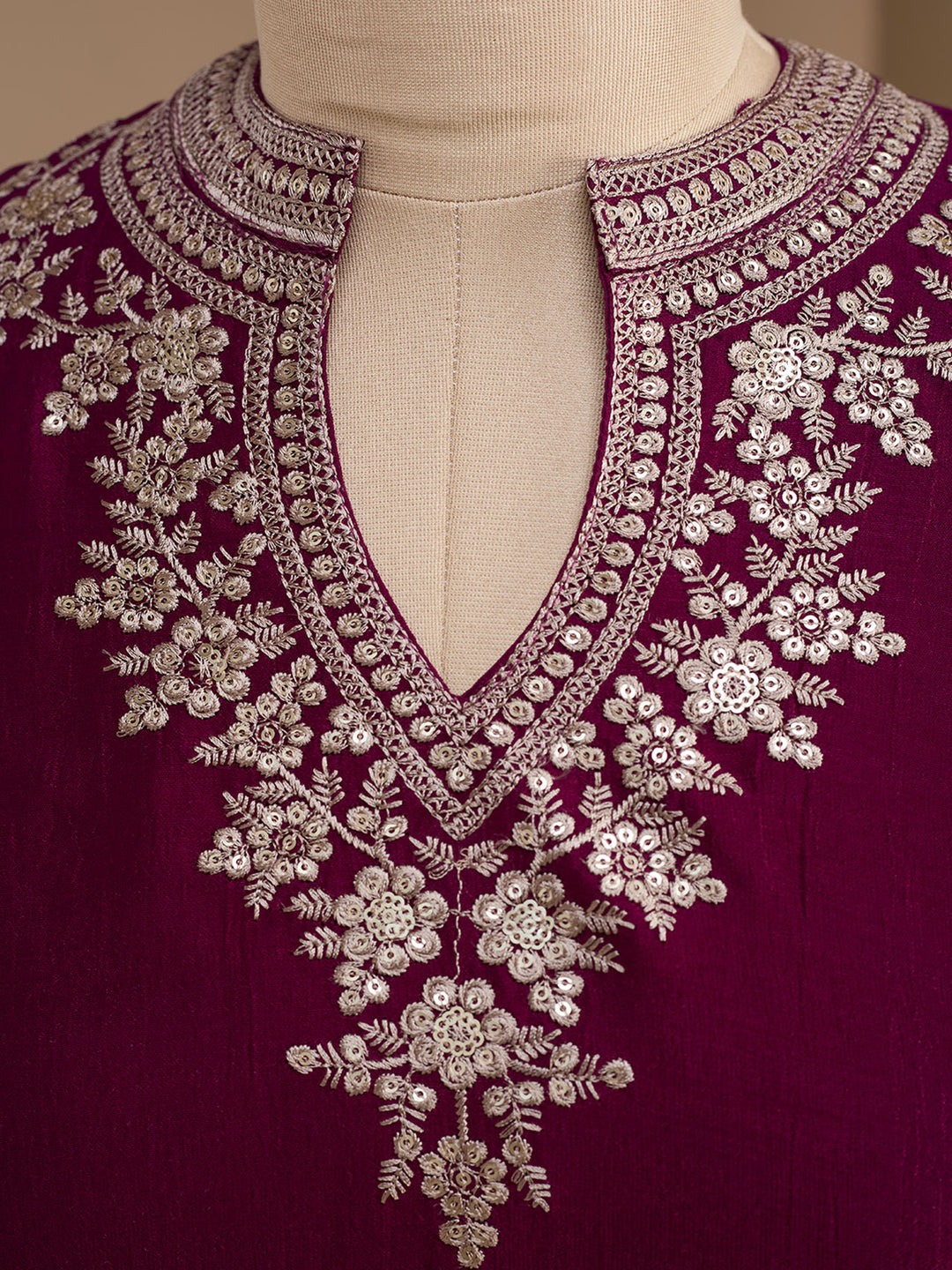 Wine Soft Raw Silk Threadwork Straight Kurta With Pant Regular And Dupatta
