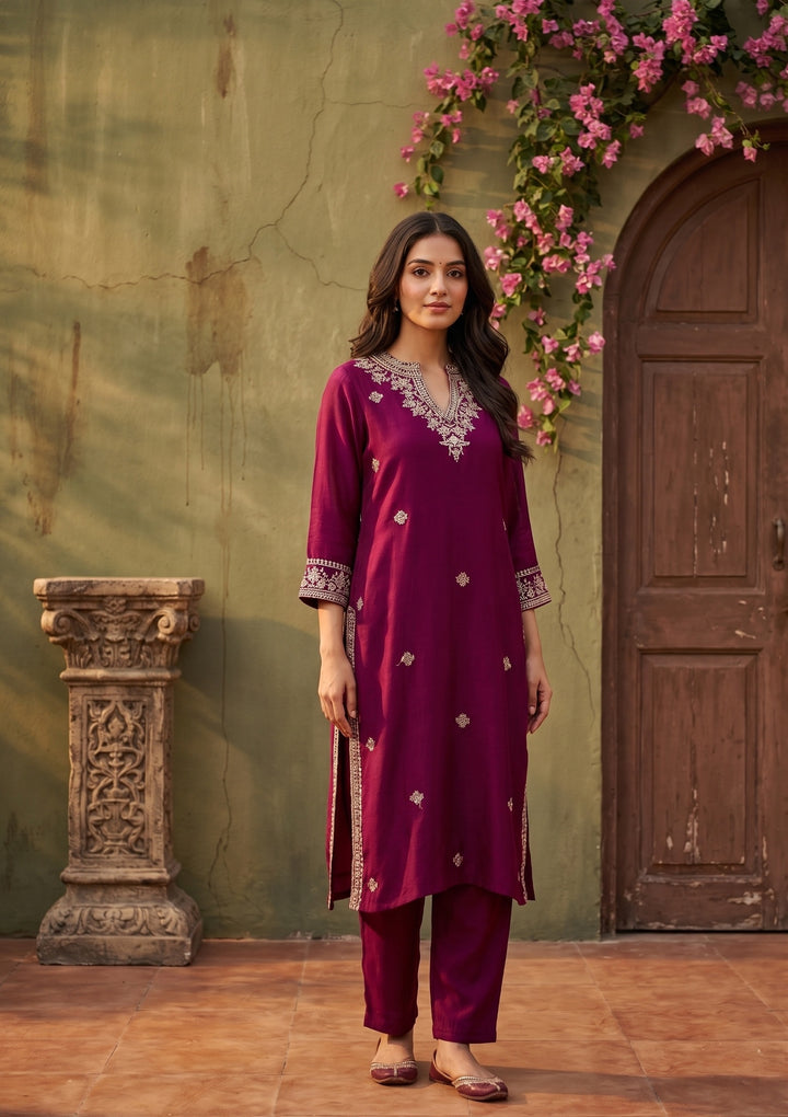 Wine Soft Raw Silk Threadwork Straight Kurta With Pant Regular And Dupatta