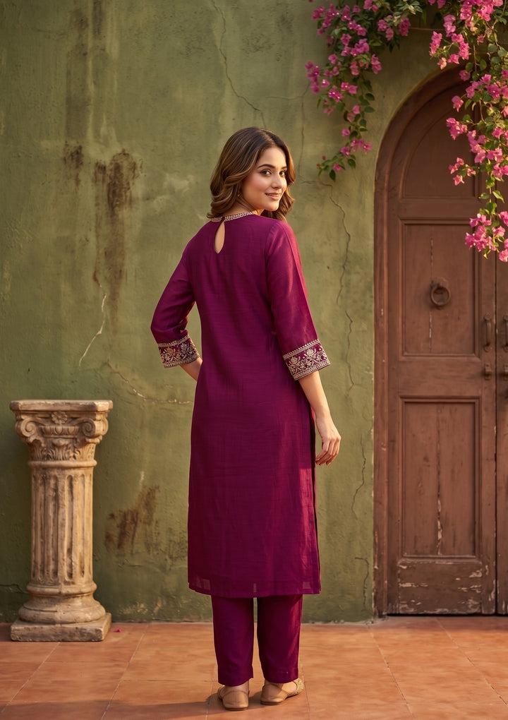 Wine Soft Raw Silk Threadwork Straight Kurta With Pant Regular And Dupatta