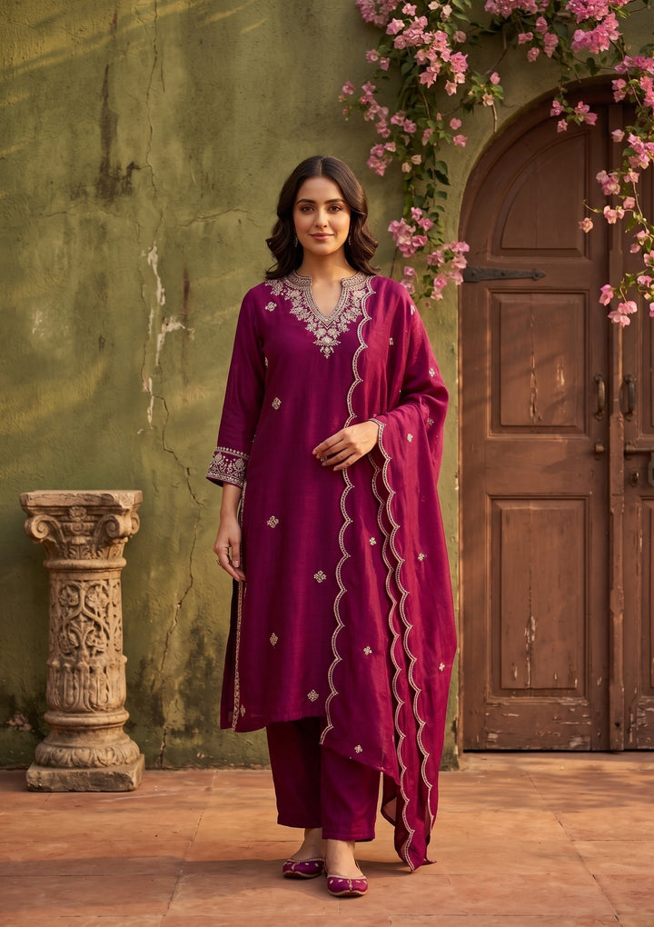 Wine Soft Raw Silk Threadwork Straight Kurta With Pant Regular And Dupatta