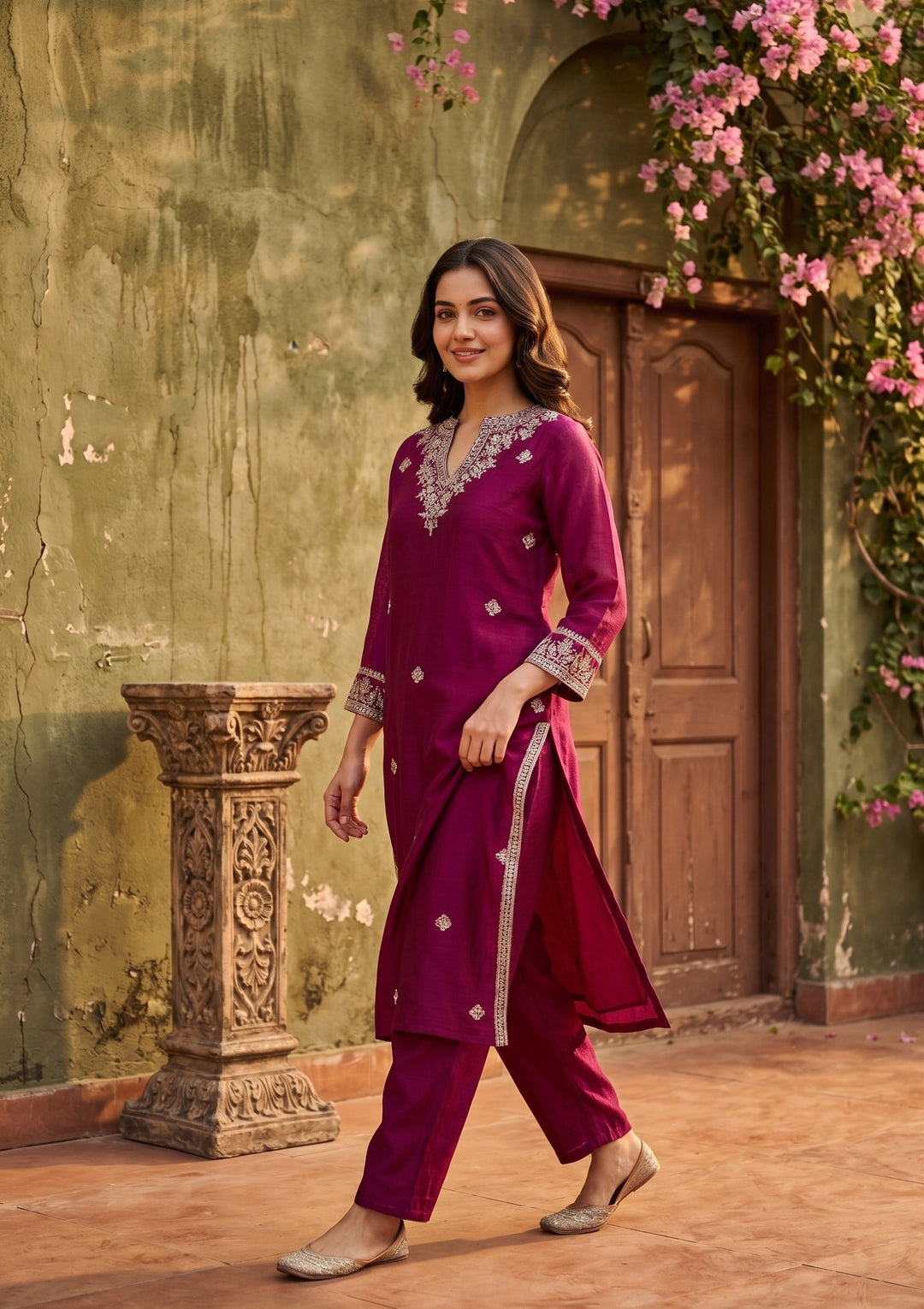 Wine Soft Raw Silk Threadwork Straight Kurta With Pant Regular And Dupatta