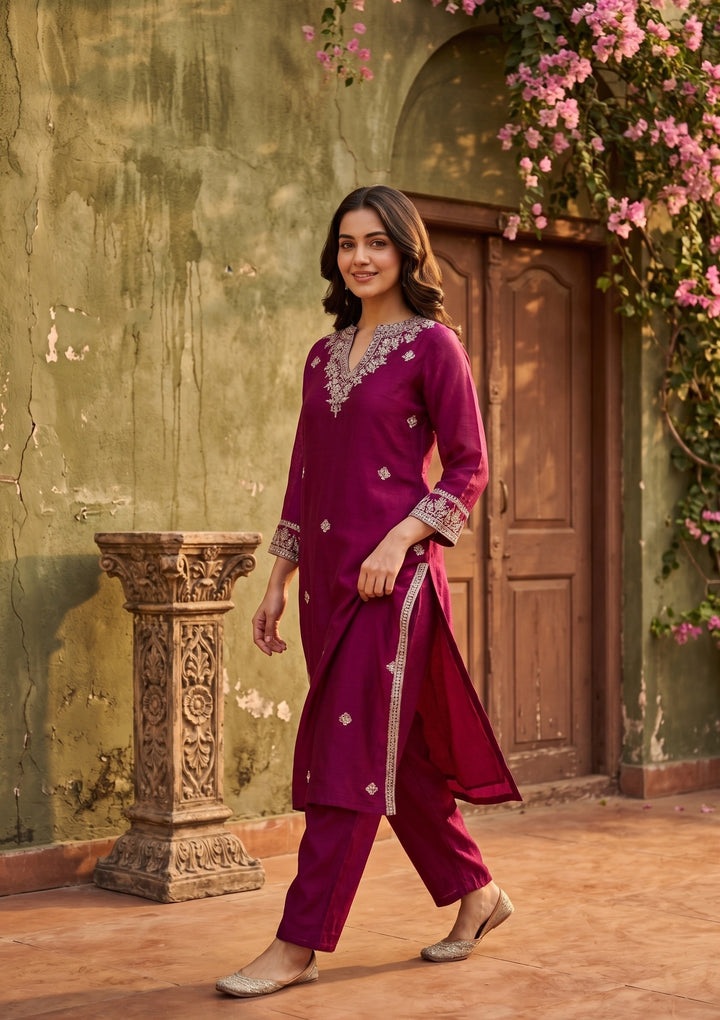 Wine Soft Raw Silk Threadwork Straight Kurta With Pant Regular And Dupatta