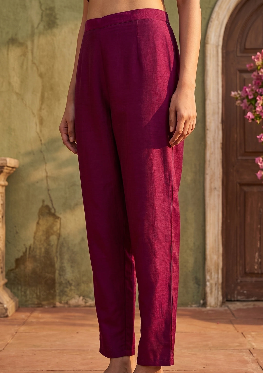 Wine Soft Raw Silk Threadwork Straight Kurta With Pant Regular And Dupatta