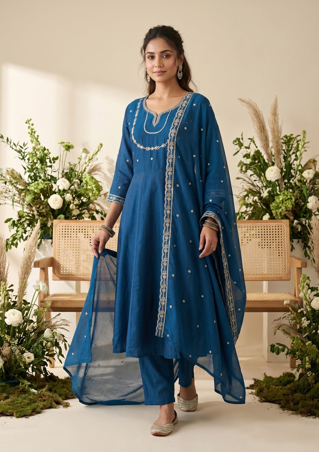 Blue Zariwork (Gold) Soft Raw Silk Readymade Salwar Suit