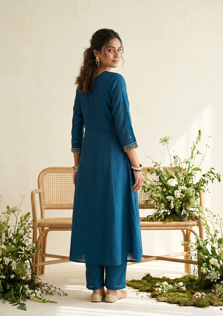 Blue Zariwork (Gold) Soft Raw Silk Readymade Salwar Suit