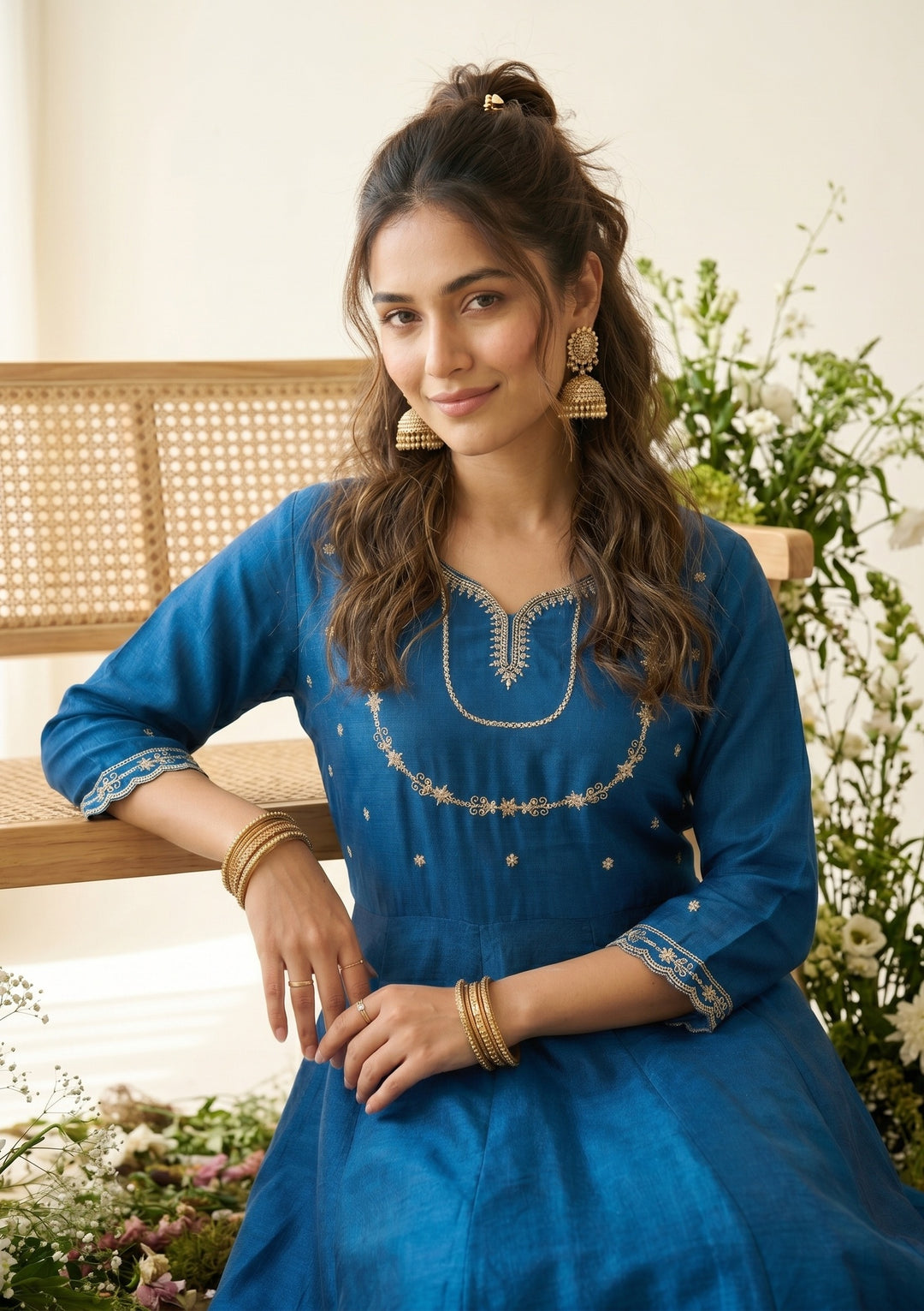 Blue Zariwork (Gold) Soft Raw Silk Readymade Salwar Suit
