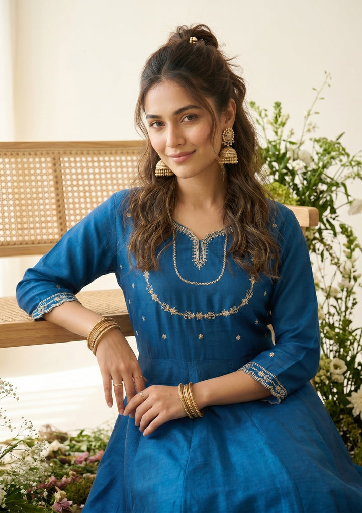 Blue Zariwork (Gold) Soft Raw Silk Readymade Salwar Suit