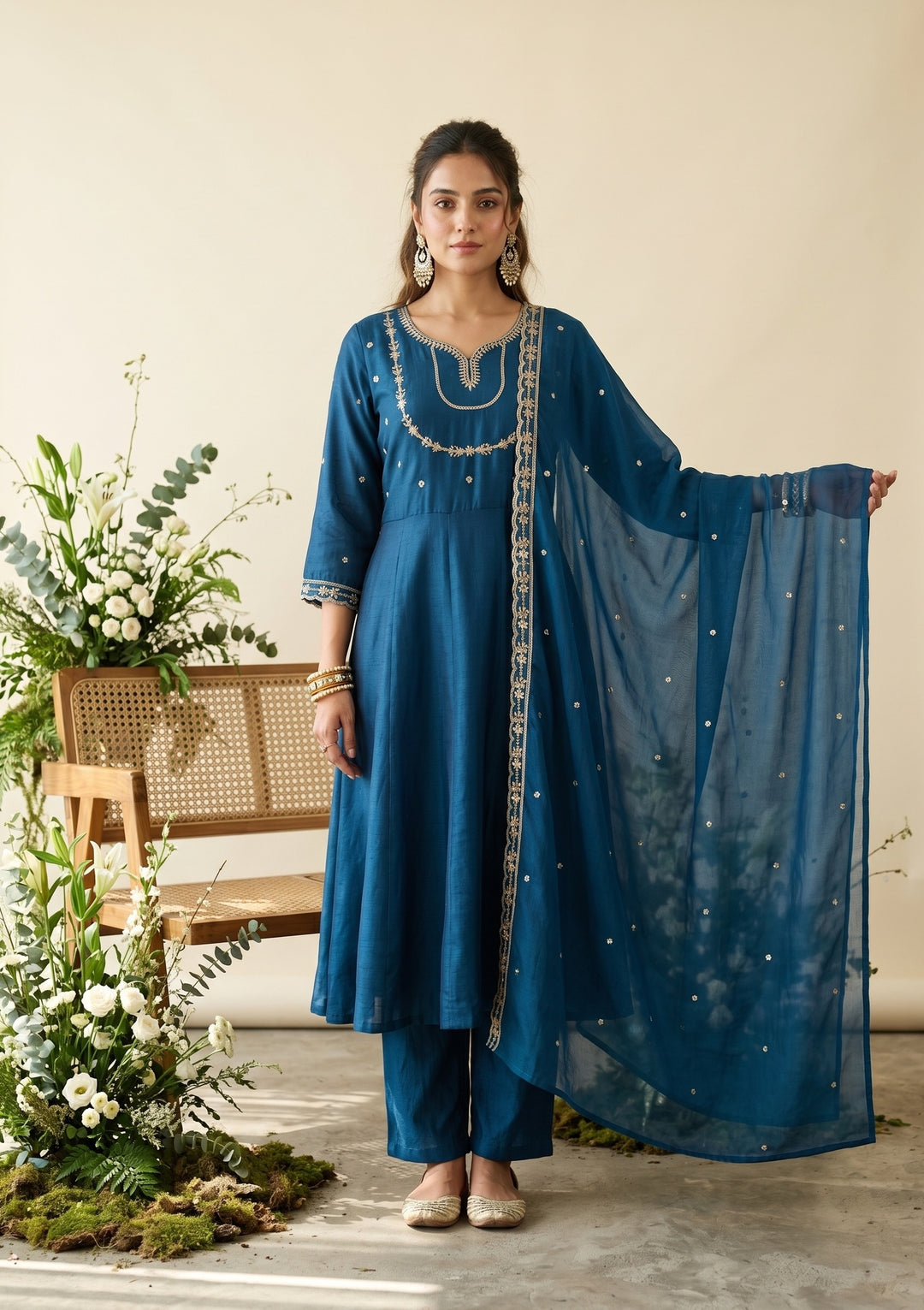 Blue Zariwork (Gold) Soft Raw Silk Readymade Salwar Suit