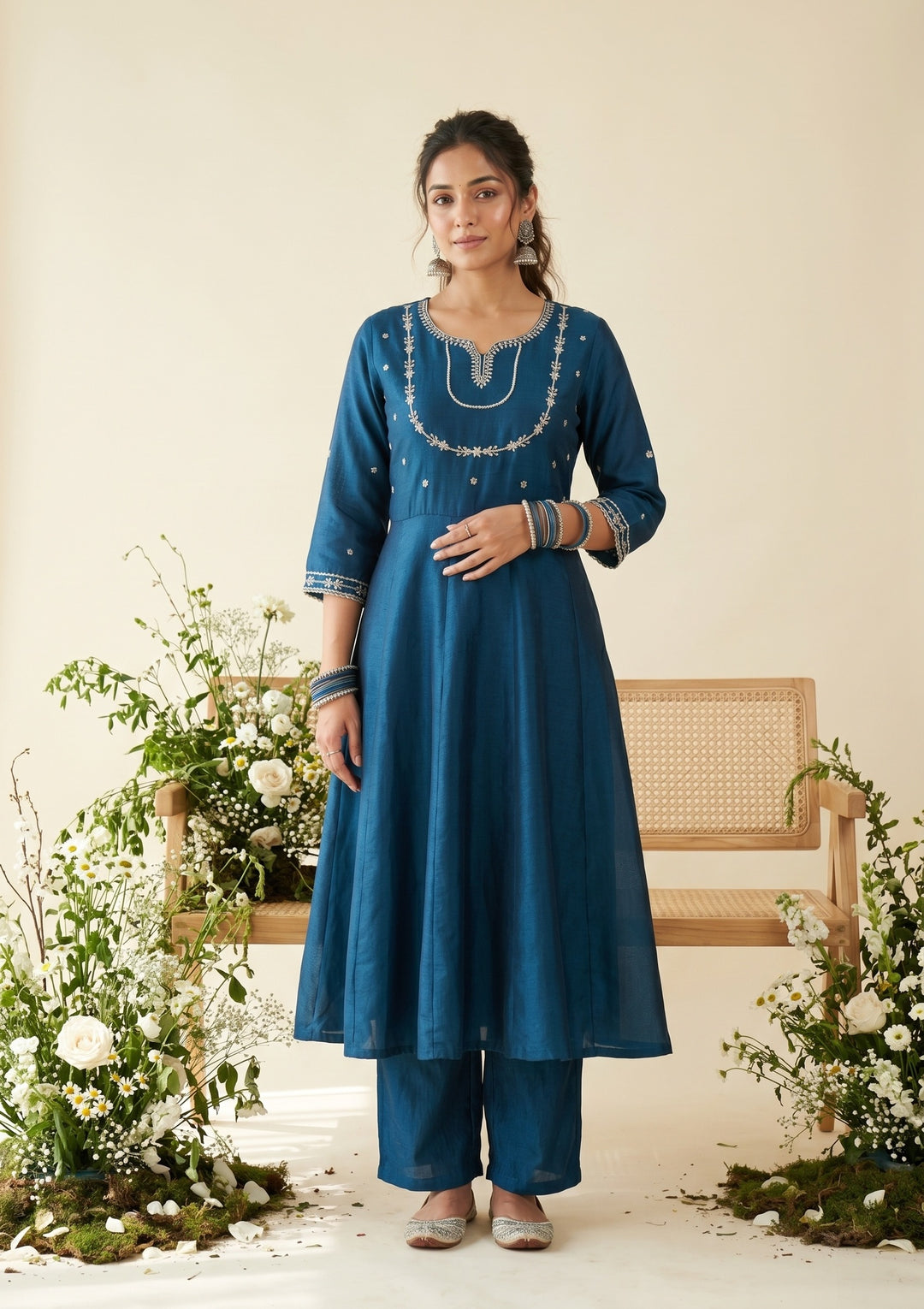 Blue Zariwork (Gold) Soft Raw Silk Readymade Salwar Suit