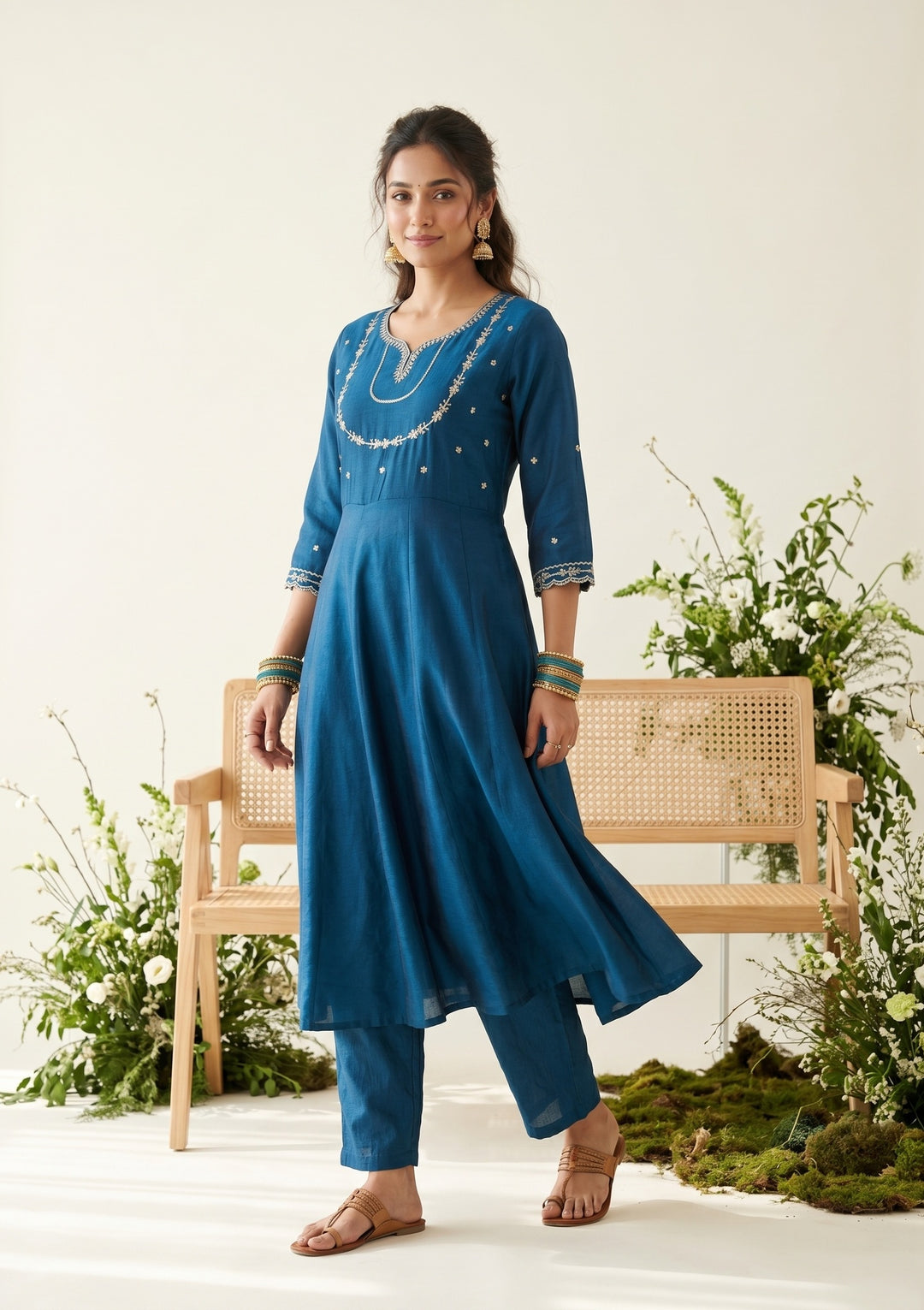 Blue Zariwork (Gold) Soft Raw Silk Readymade Salwar Suit