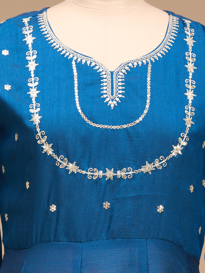 Blue Zariwork (Gold) Soft Raw Silk Readymade Salwar Suit