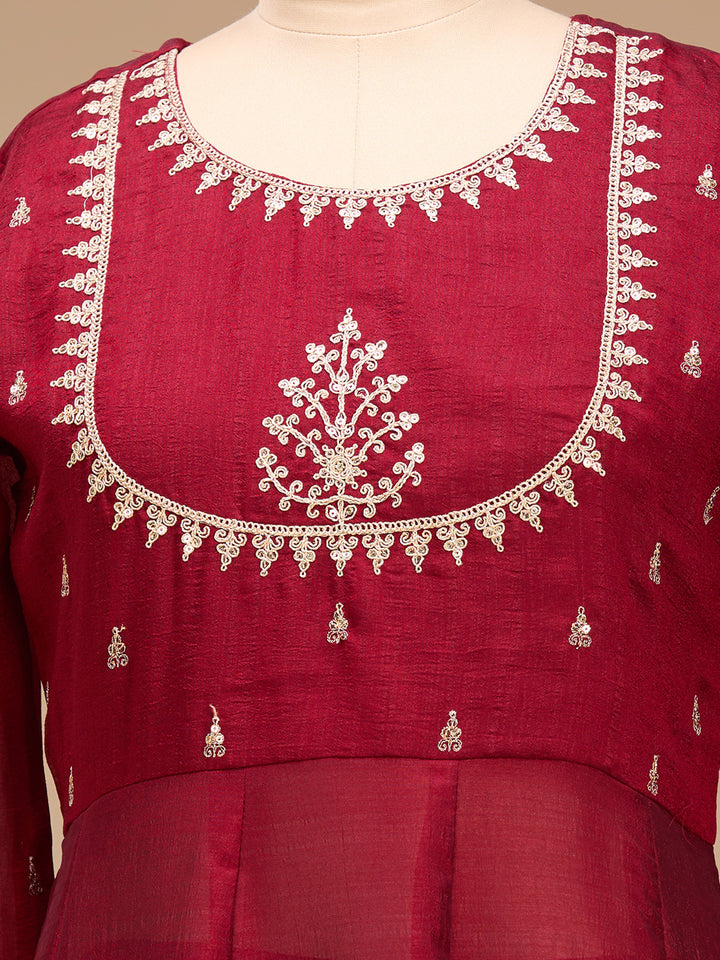 Maroon Zariwork (Gold) Soft Raw Silk Readymade Salwar Suit