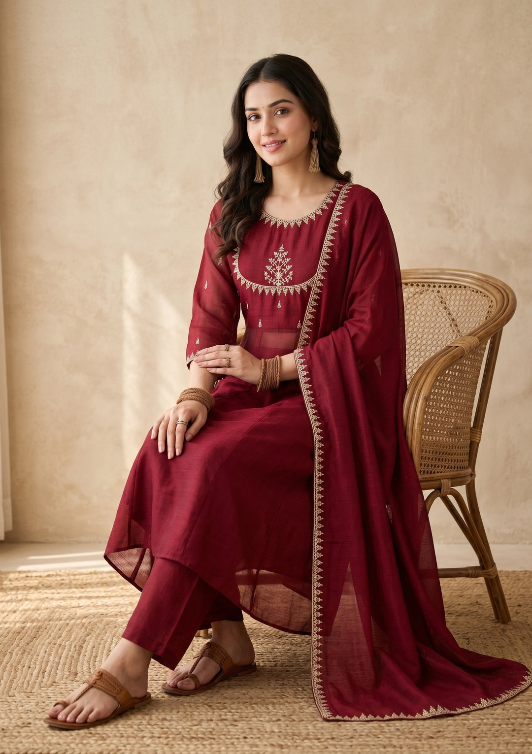 Maroon Zariwork (Gold) Soft Raw Silk Readymade Salwar Suit