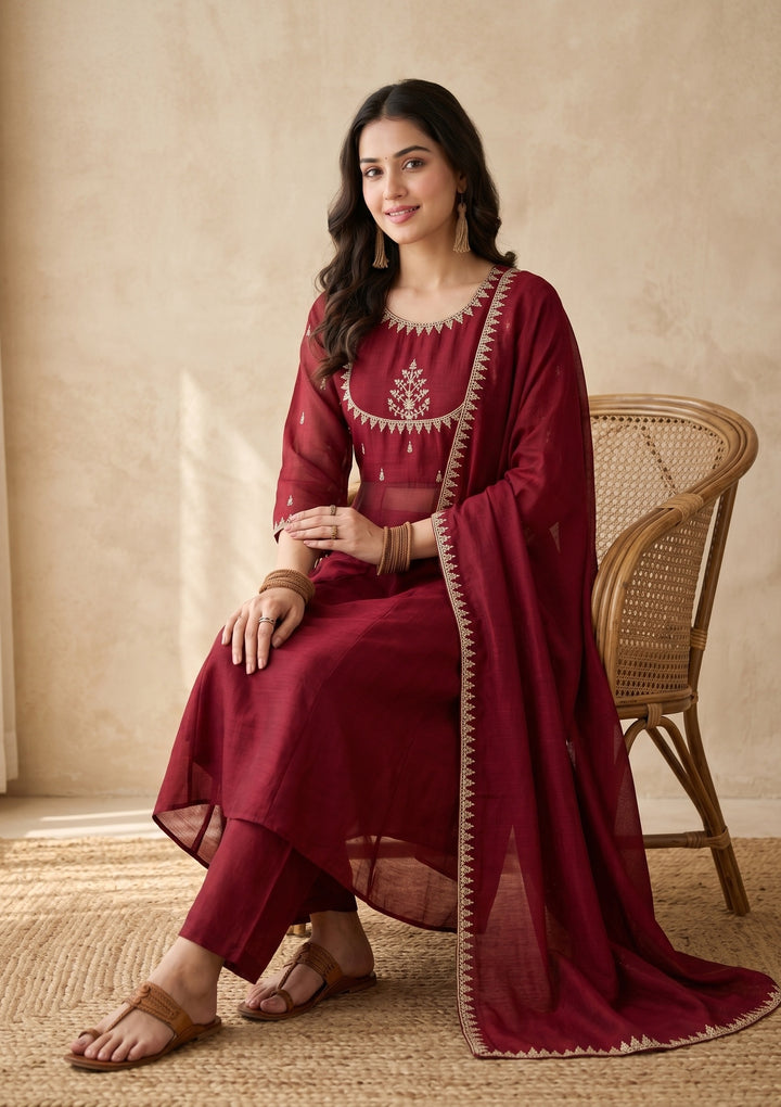 Maroon Zariwork (Gold) Soft Raw Silk Readymade Salwar Suit