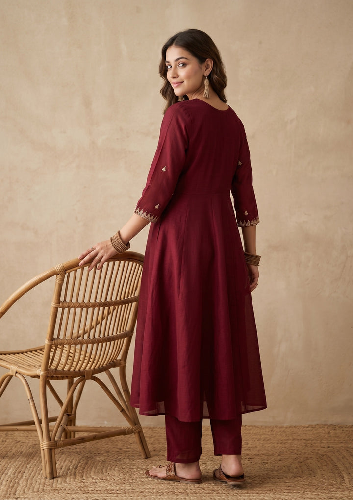 Maroon Zariwork (Gold) Soft Raw Silk Readymade Salwar Suit