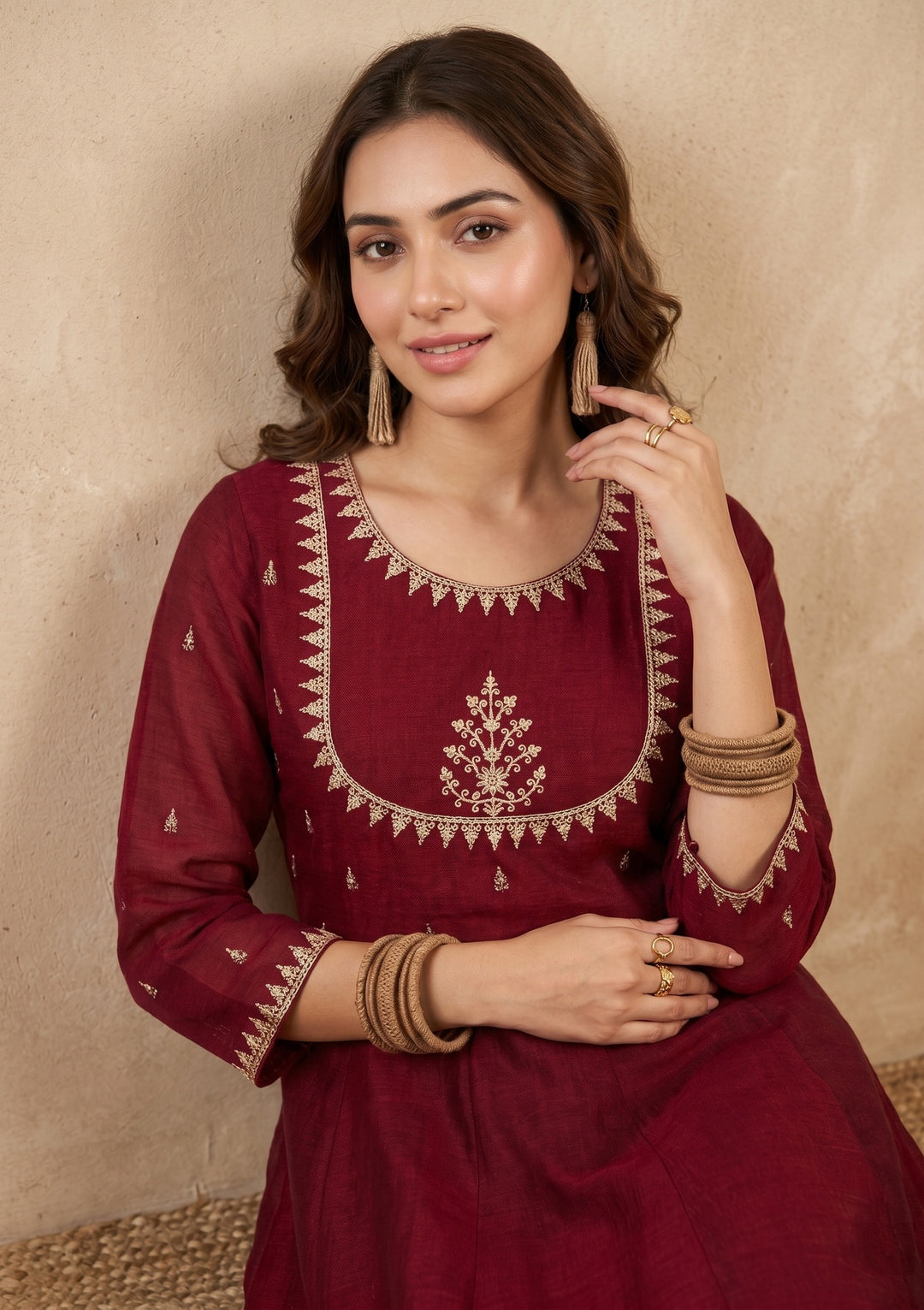 Maroon Zariwork (Gold) Soft Raw Silk Readymade Salwar Suit