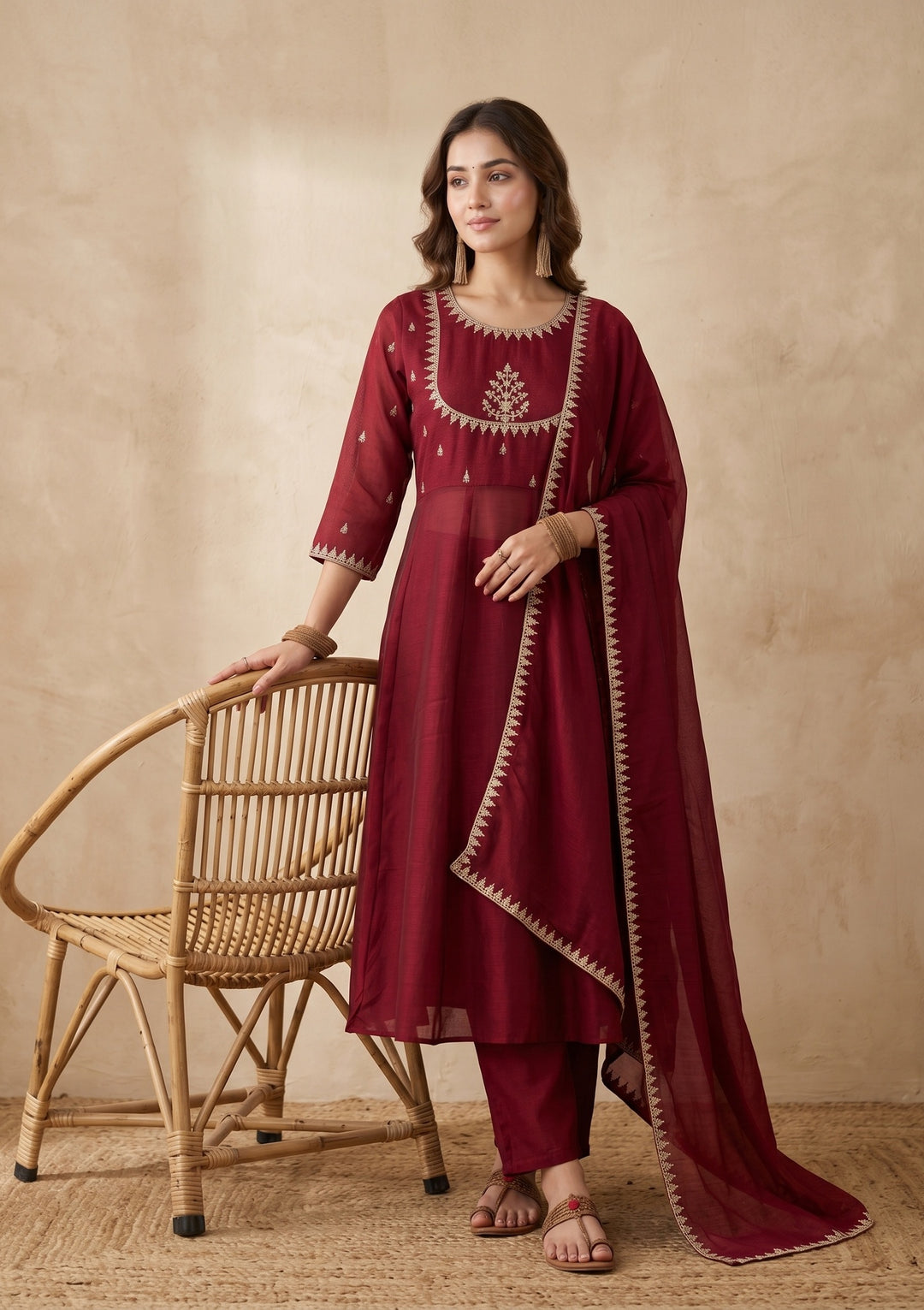 Maroon Zariwork (Gold) Soft Raw Silk Readymade Salwar Suit