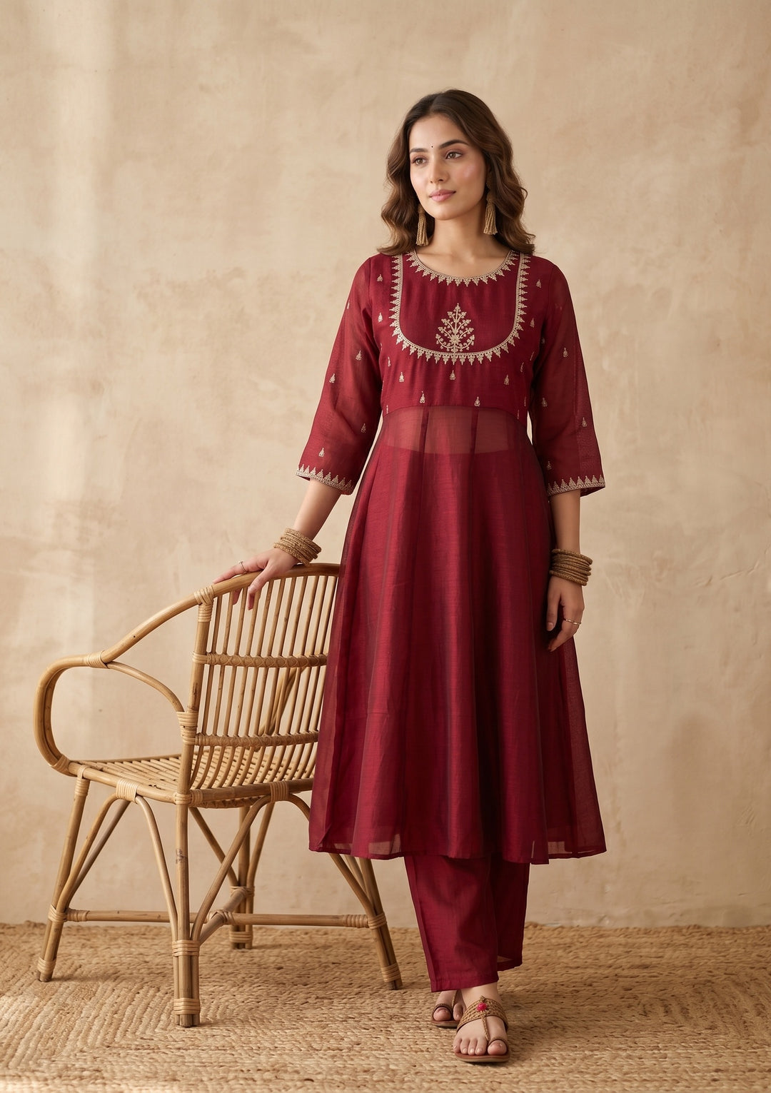 Maroon Zariwork (Gold) Soft Raw Silk Readymade Salwar Suit