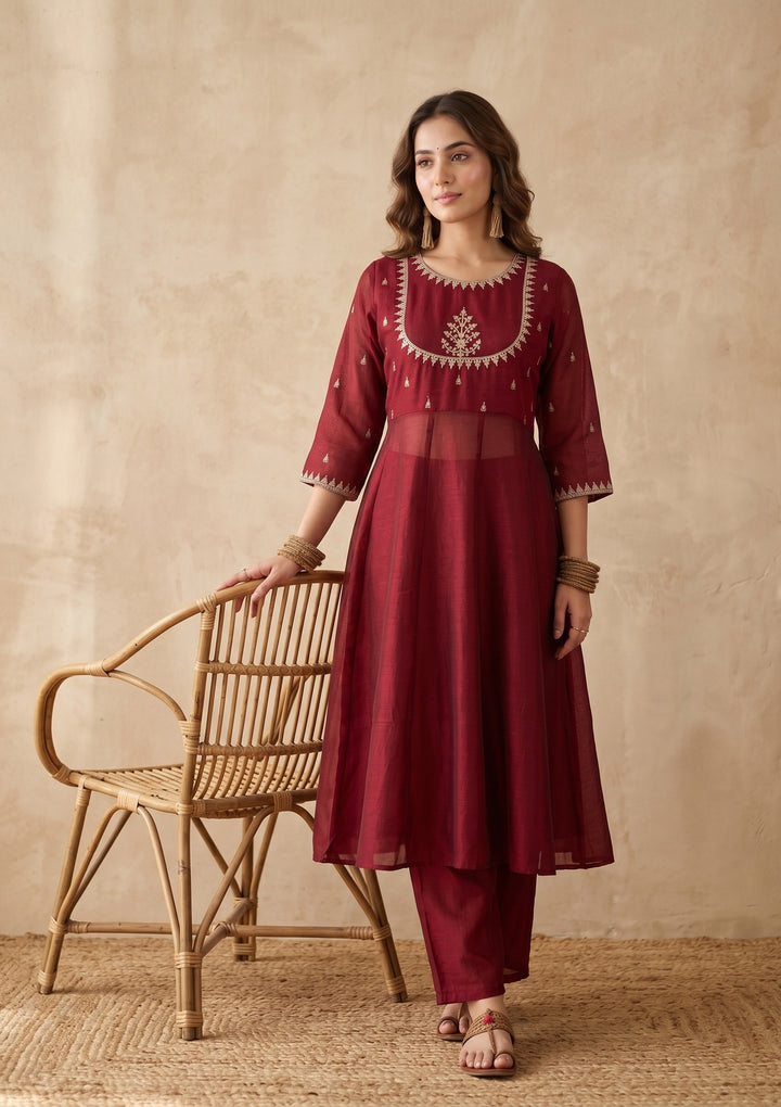 Maroon Zariwork (Gold) Soft Raw Silk Readymade Salwar Suit