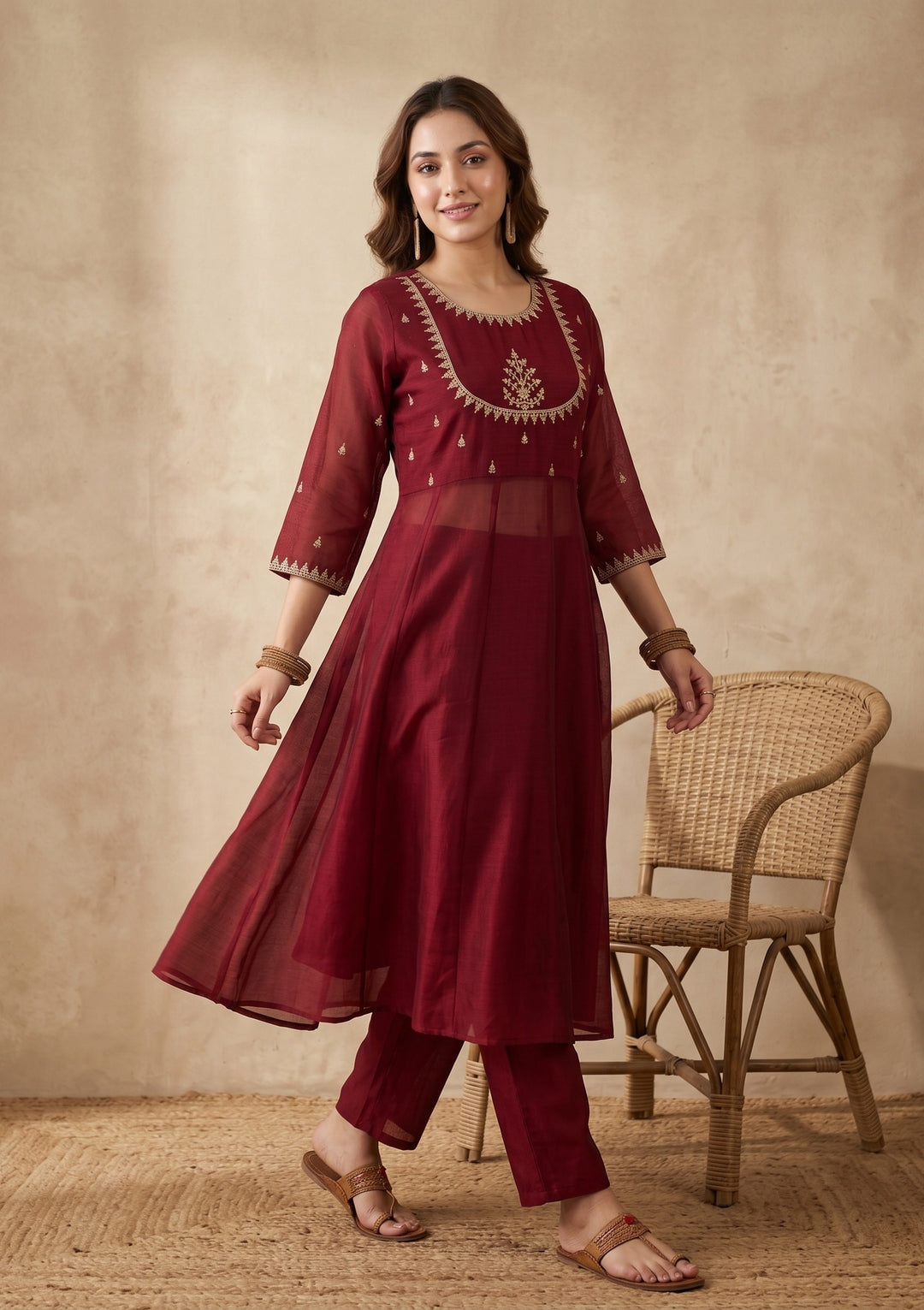 Maroon Zariwork (Gold) Soft Raw Silk Readymade Salwar Suit