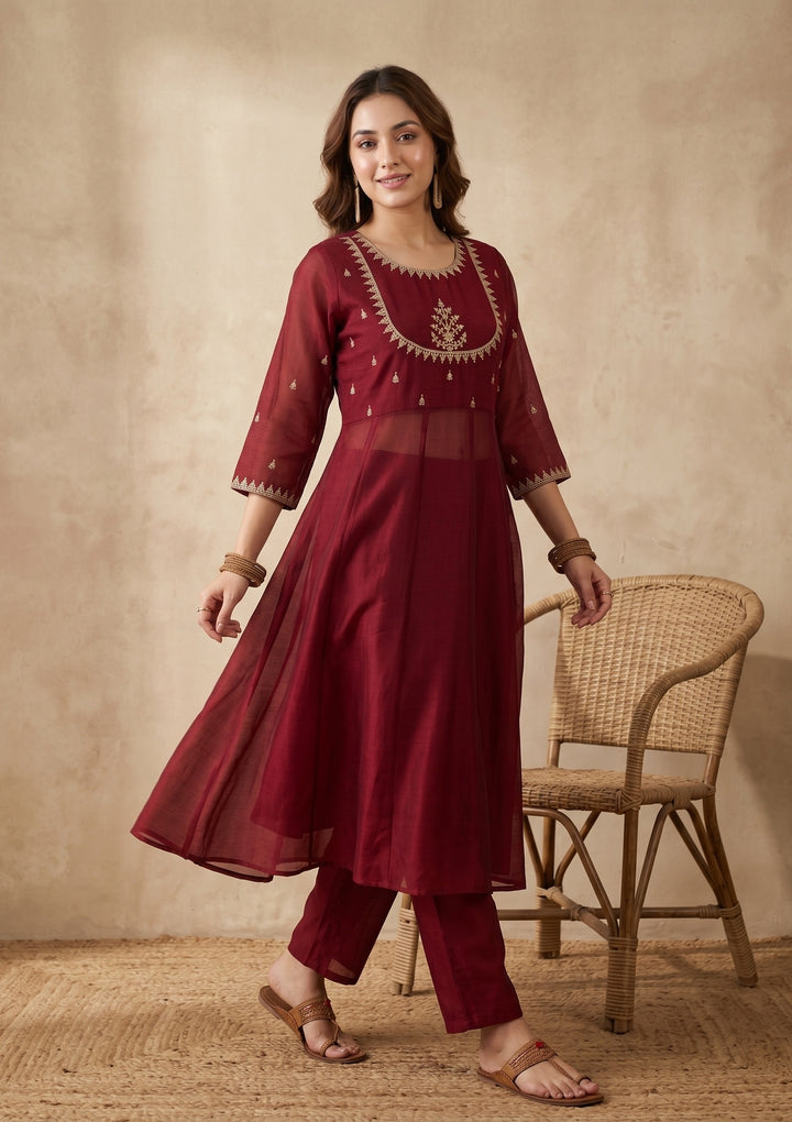 Maroon Zariwork (Gold) Soft Raw Silk Readymade Salwar Suit