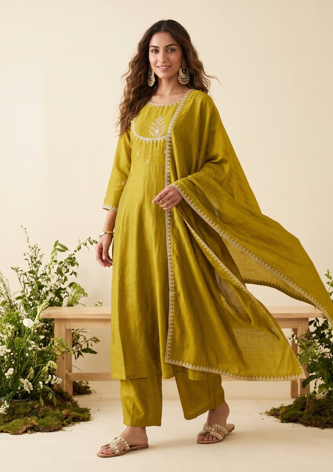 Mehandi Green Zariwork (Gold) Soft Raw Silk Readymade Salwar Suit