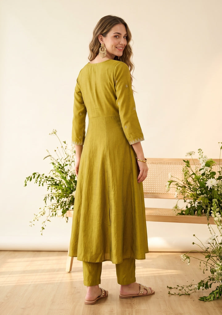 Mehandi Green Zariwork (Gold) Soft Raw Silk Readymade Salwar Suit