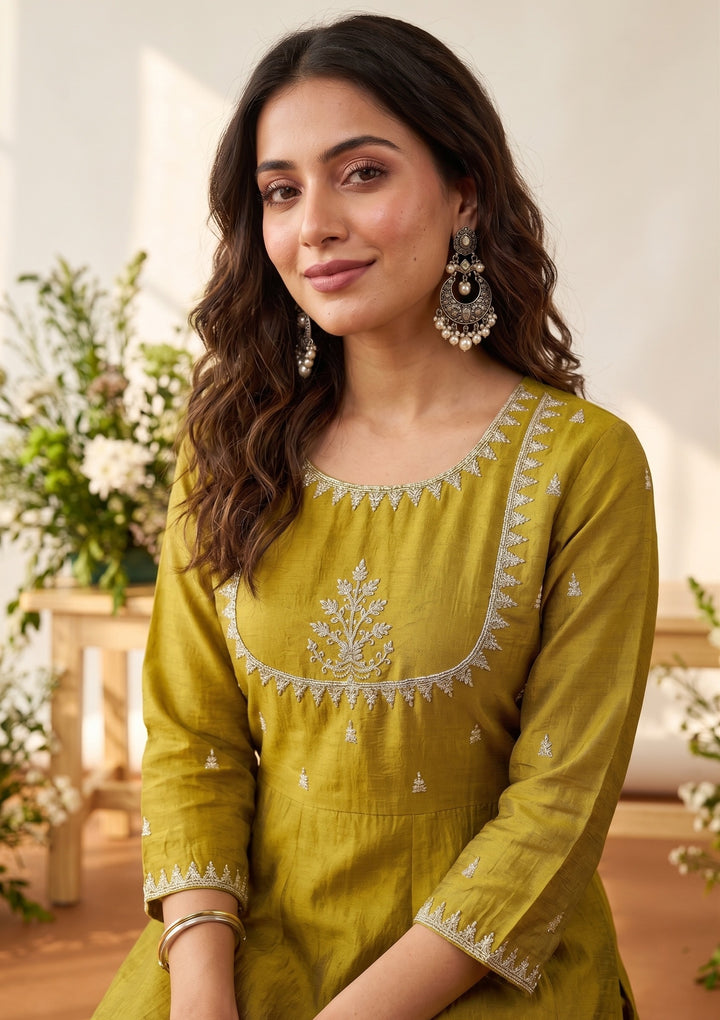 Mehandi Green Zariwork (Gold) Soft Raw Silk Readymade Salwar Suit