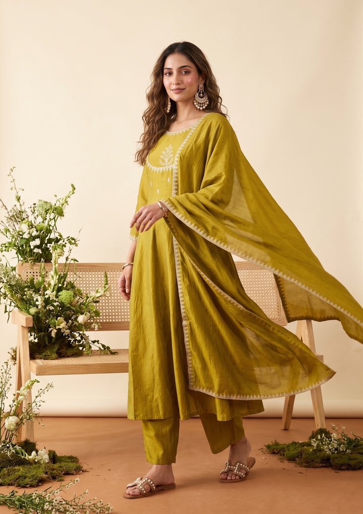 Mehandi Green Zariwork (Gold) Soft Raw Silk Readymade Salwar Suit