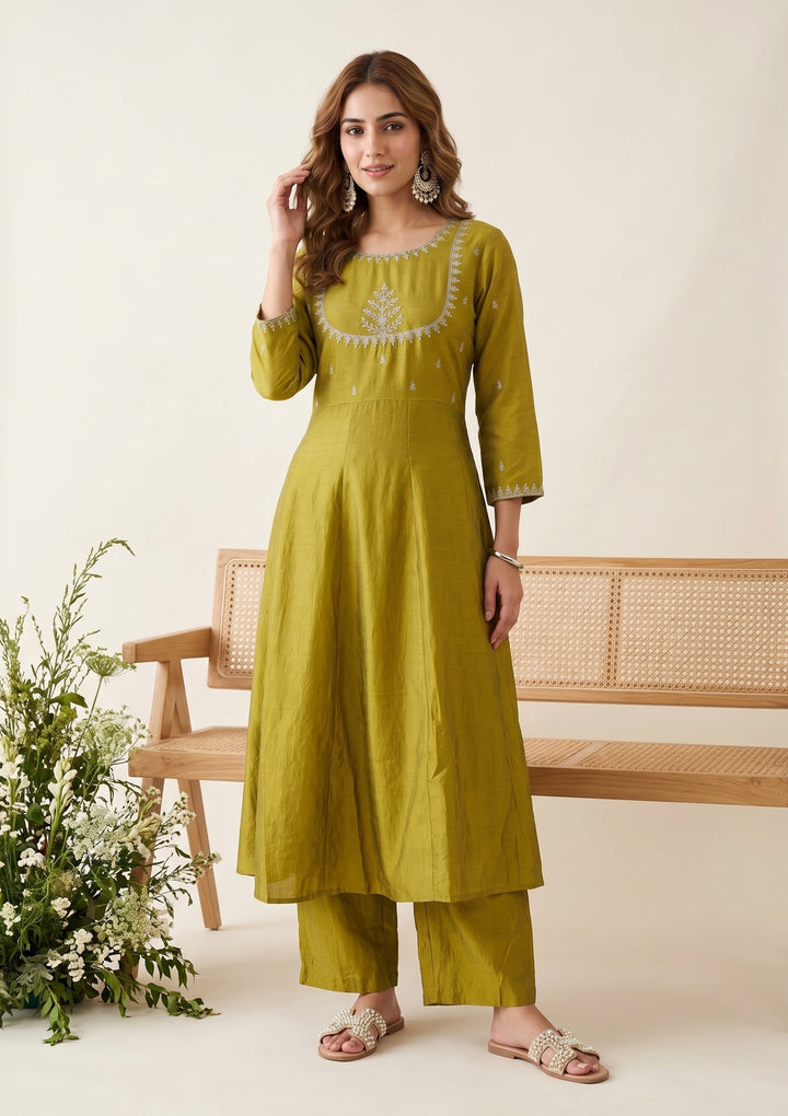 Mehandi Green Zariwork (Gold) Soft Raw Silk Readymade Salwar Suit