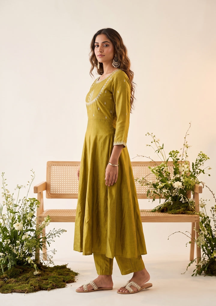 Mehandi Green Zariwork (Gold) Soft Raw Silk Readymade Salwar Suit