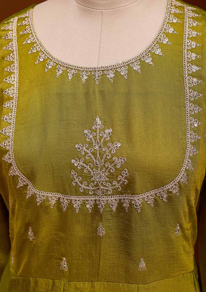 Mehandi Green Zariwork (Gold) Soft Raw Silk Readymade Salwar Suit
