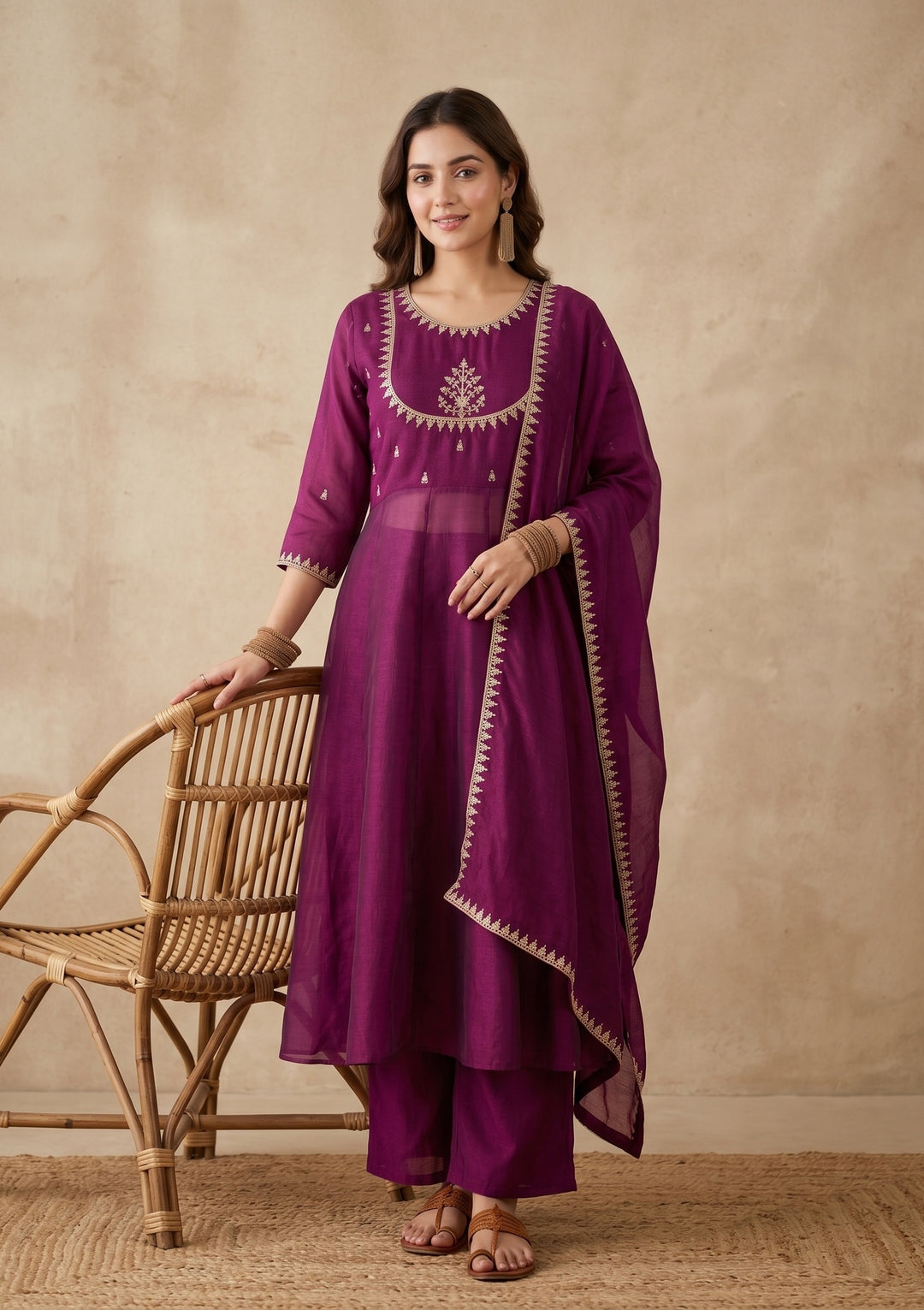 Purple Zariwork (Gold) Soft Raw Silk Readymade Salwar Suit