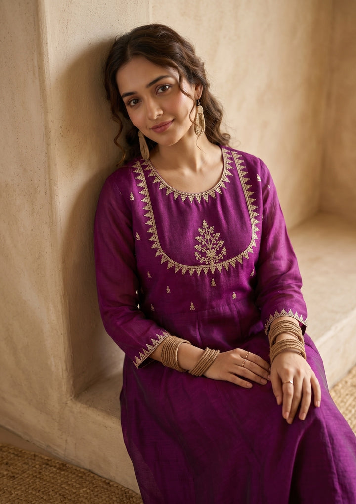 Purple Zariwork (Gold) Soft Raw Silk Readymade Salwar Suit